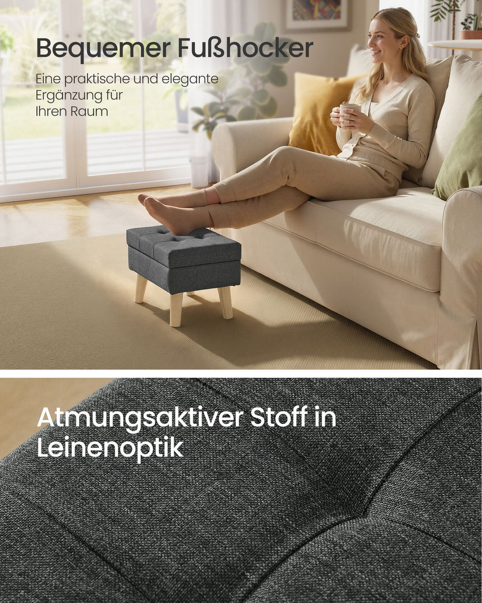 Poef met Opbergruimte – Rechthoekig – Linnenlook – Houten Poten – Grijs