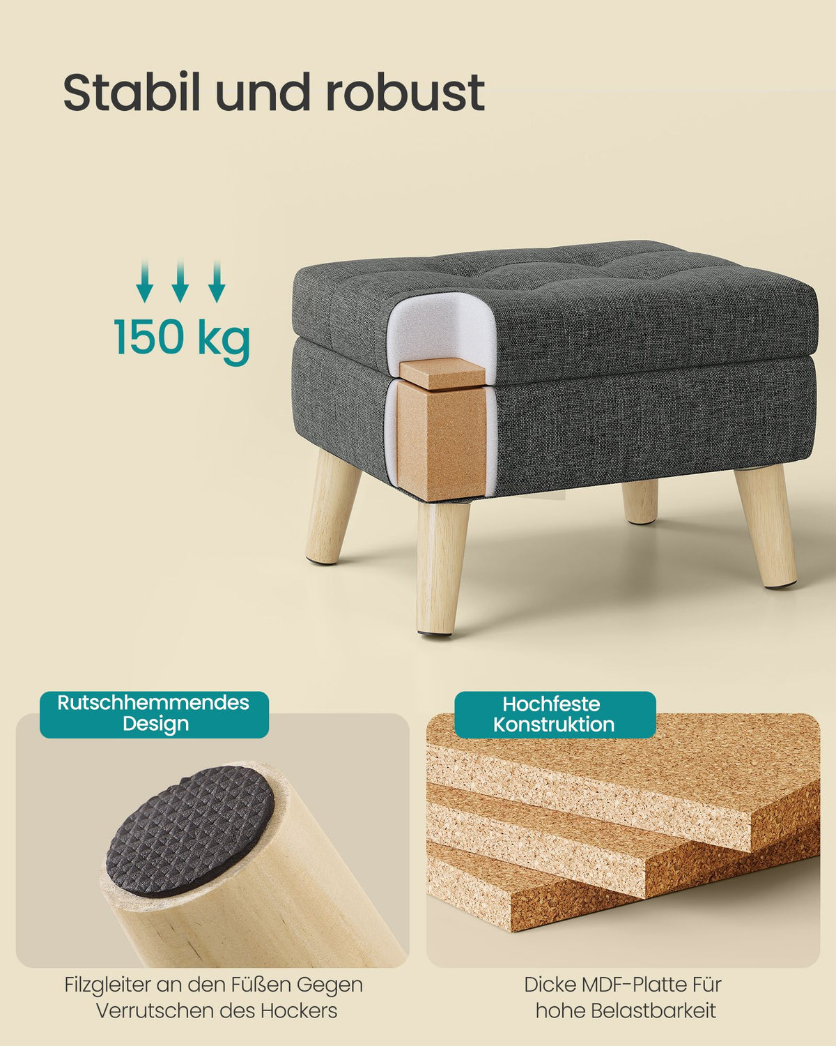 Poef met Opbergruimte – Rechthoekig – Linnenlook – Houten Poten – Grijs