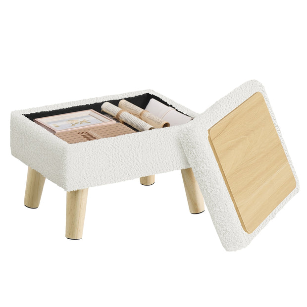 Poef met Opbergruimte – Rechthoekig – Teddy – Houten Poten – Warmwit