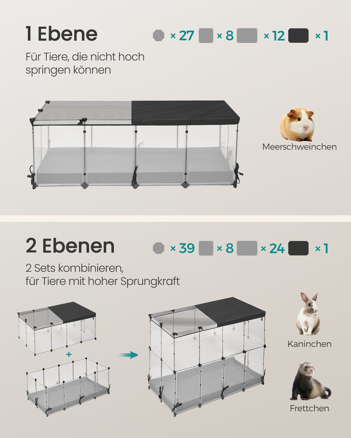 Konijnenren – Transparante Panelen – Met Dak en Waterdichte Bodem – 120 x 60 x 40 cm – Wolkwit