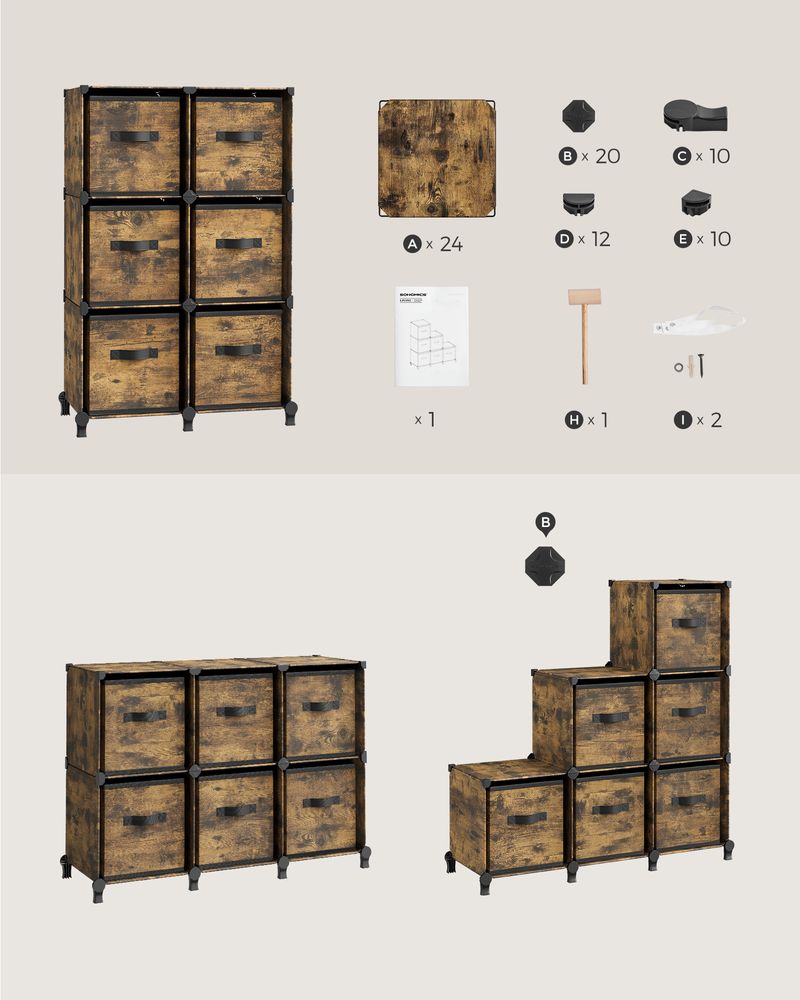 Kubuskast – 6 vakken met opbergdozen – Ink Black-Dove Grey