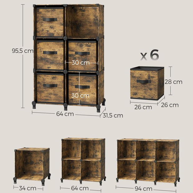 Kubuskast – 6 vakken met opbergdozen – Ink Black-Dove Grey