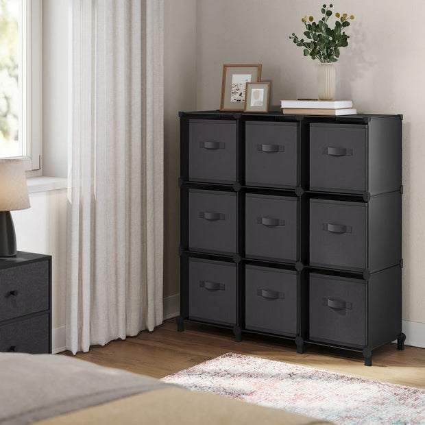 Kubuskast – 9 vakken met opbergdozen – Zwart en grijs