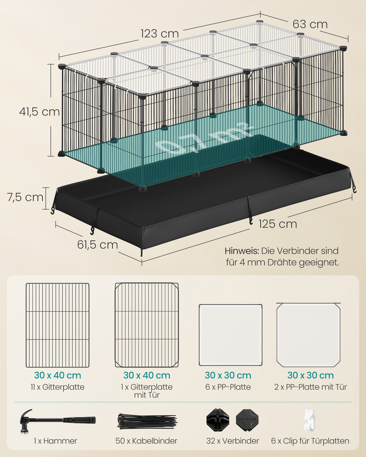 Konijnenren – 3 Deuren – 20 Panelen – Waterbestendige Bodemmat – 123 x 63 x 41,5 cm – Inktzwart