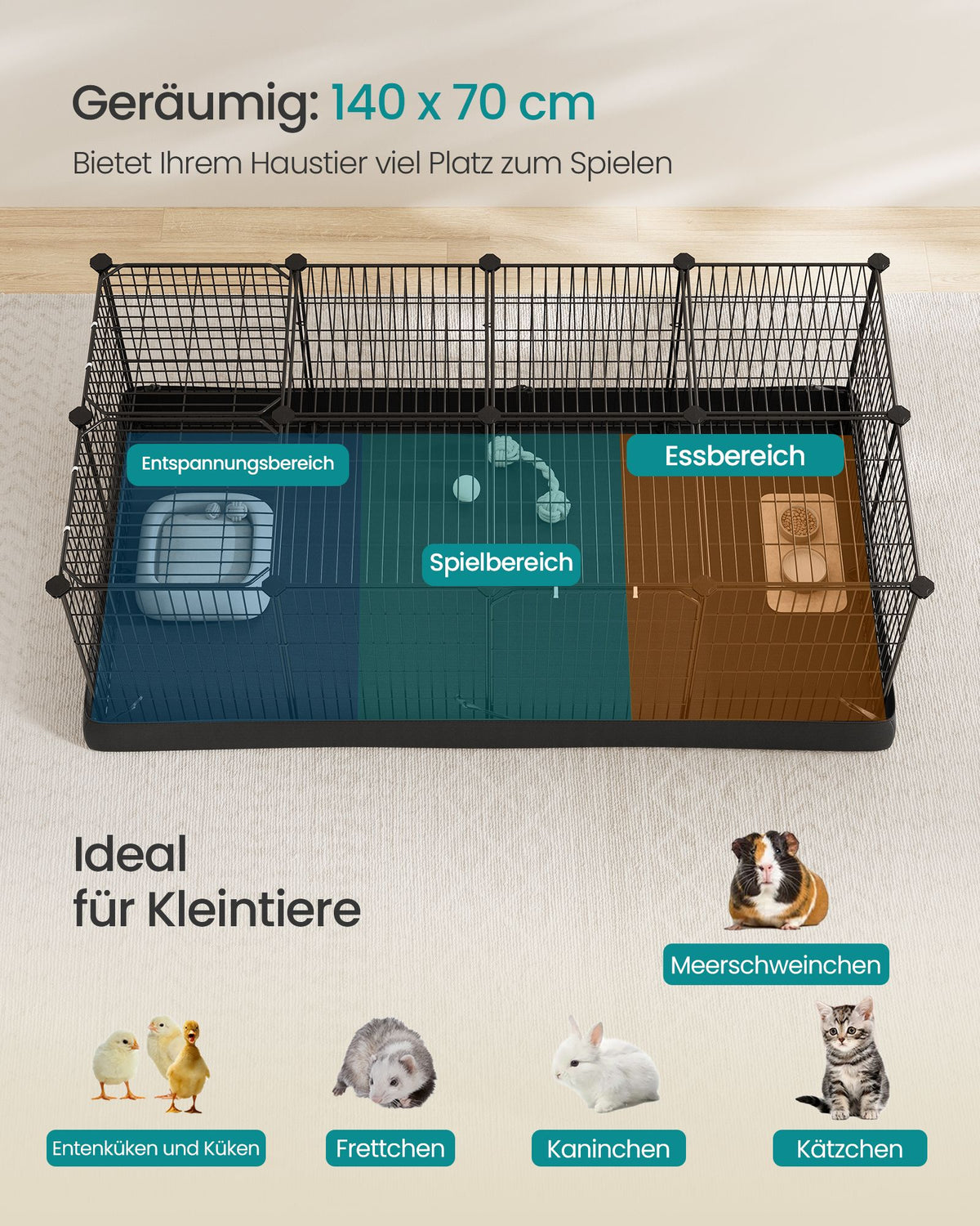 Konijnenren – Met Bodemmat en Twee Deuren – 140 x 70 x 45 cm – Inktzwart