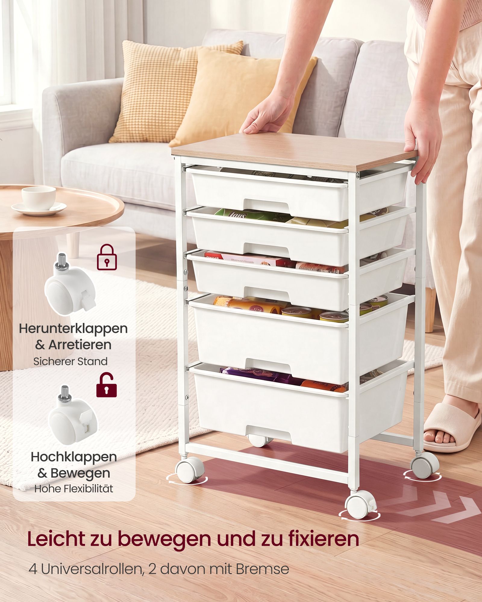 Rolwagen - Met Schuifladen op Wielen - Wit - 39,5 x 28,5 x 63 cm