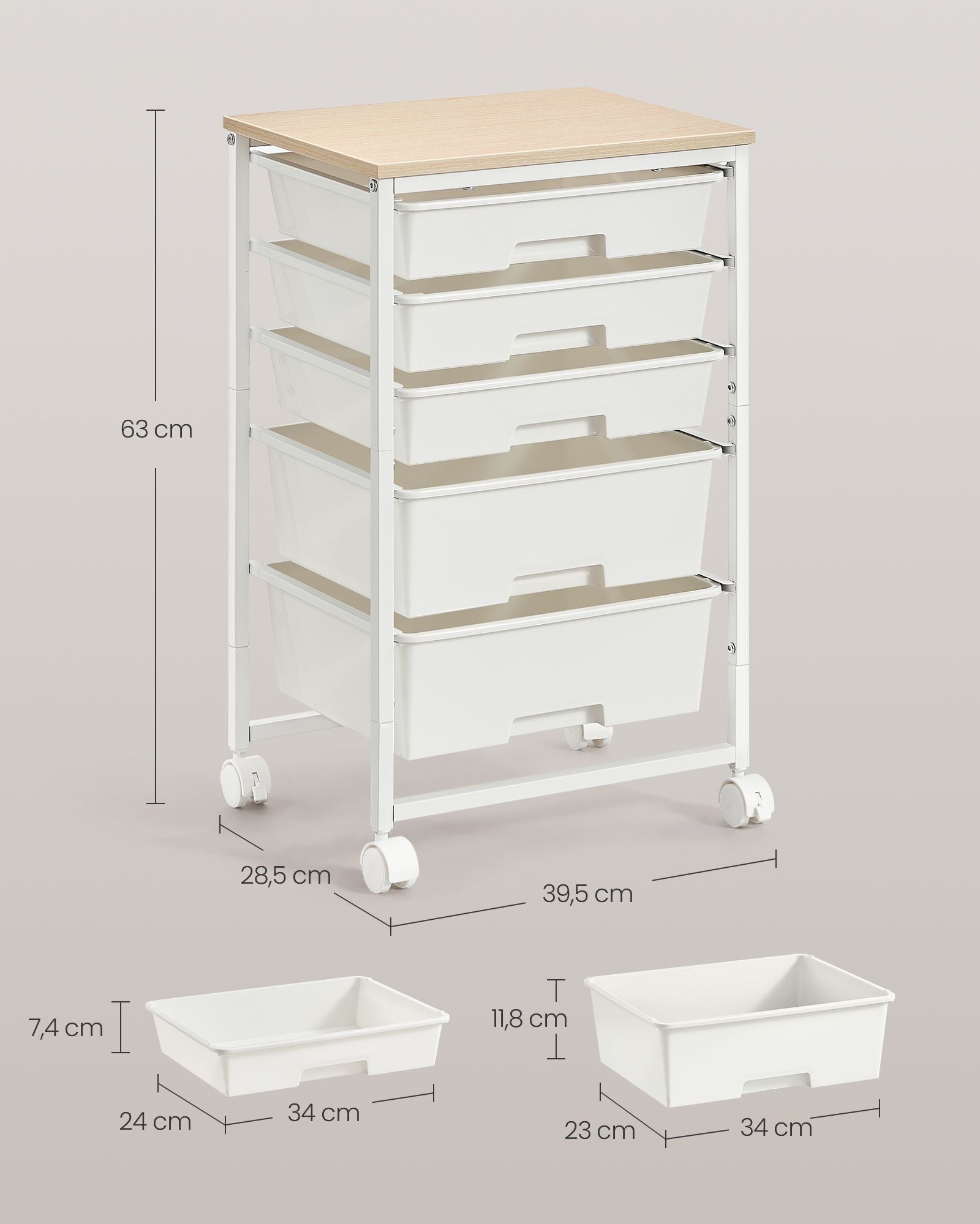 Rolwagen - Met Schuifladen op Wielen - Wit - 39,5 x 28,5 x 63 cm
