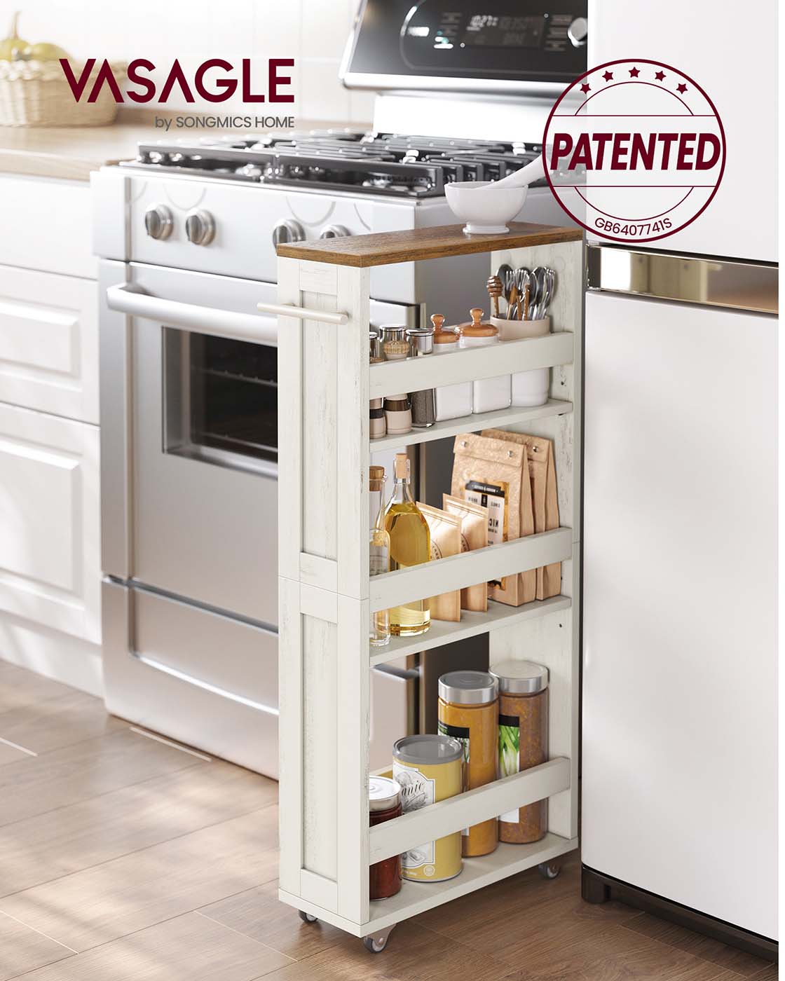 Smal Kar – 4 Niveaus – Vintage Wit-Honingbruin