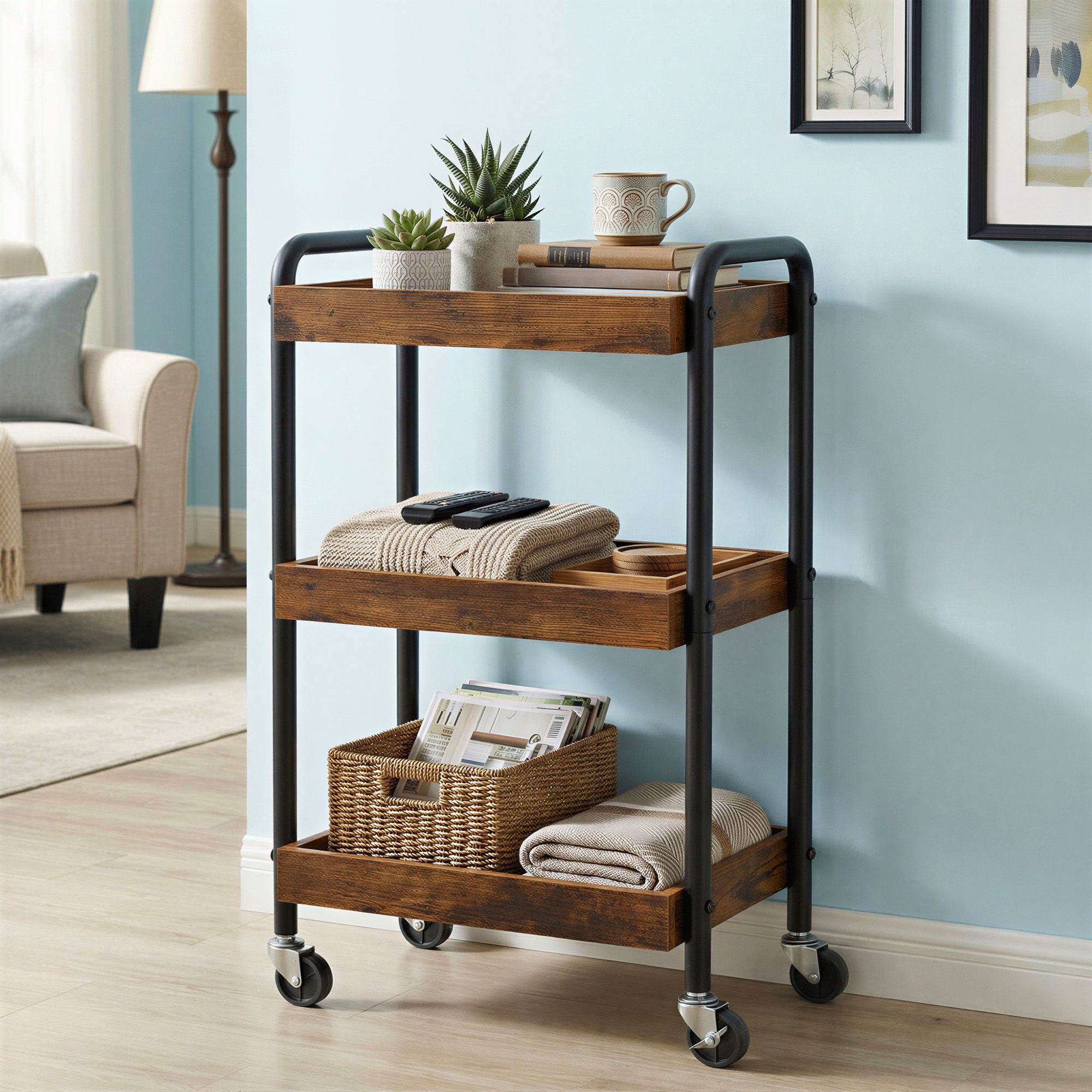 Serveertrolley - 3 Etages - Met Handgrepen - Op Wielen - Bruin