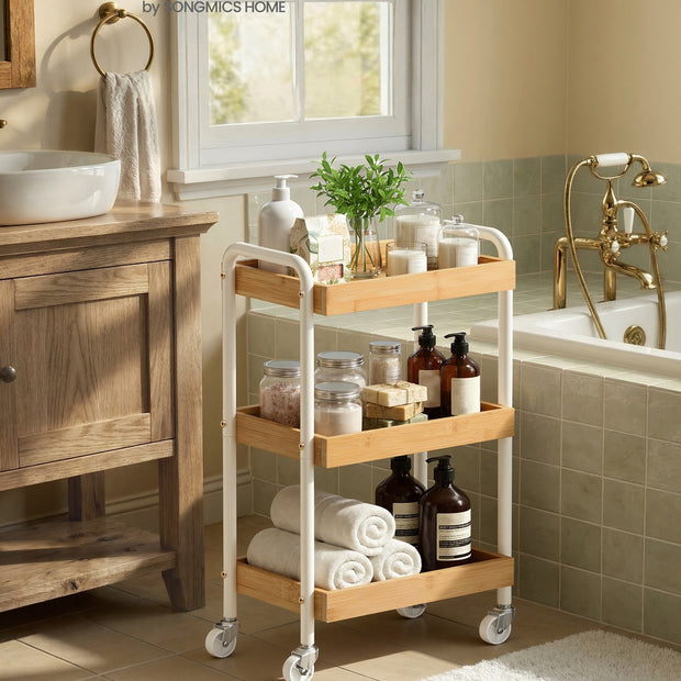 Rolwagen - 27,5 x 41,3 x 73 cm - Stalen frame - Natuurlijk beige - Maximale belasting per plank: 10 kg