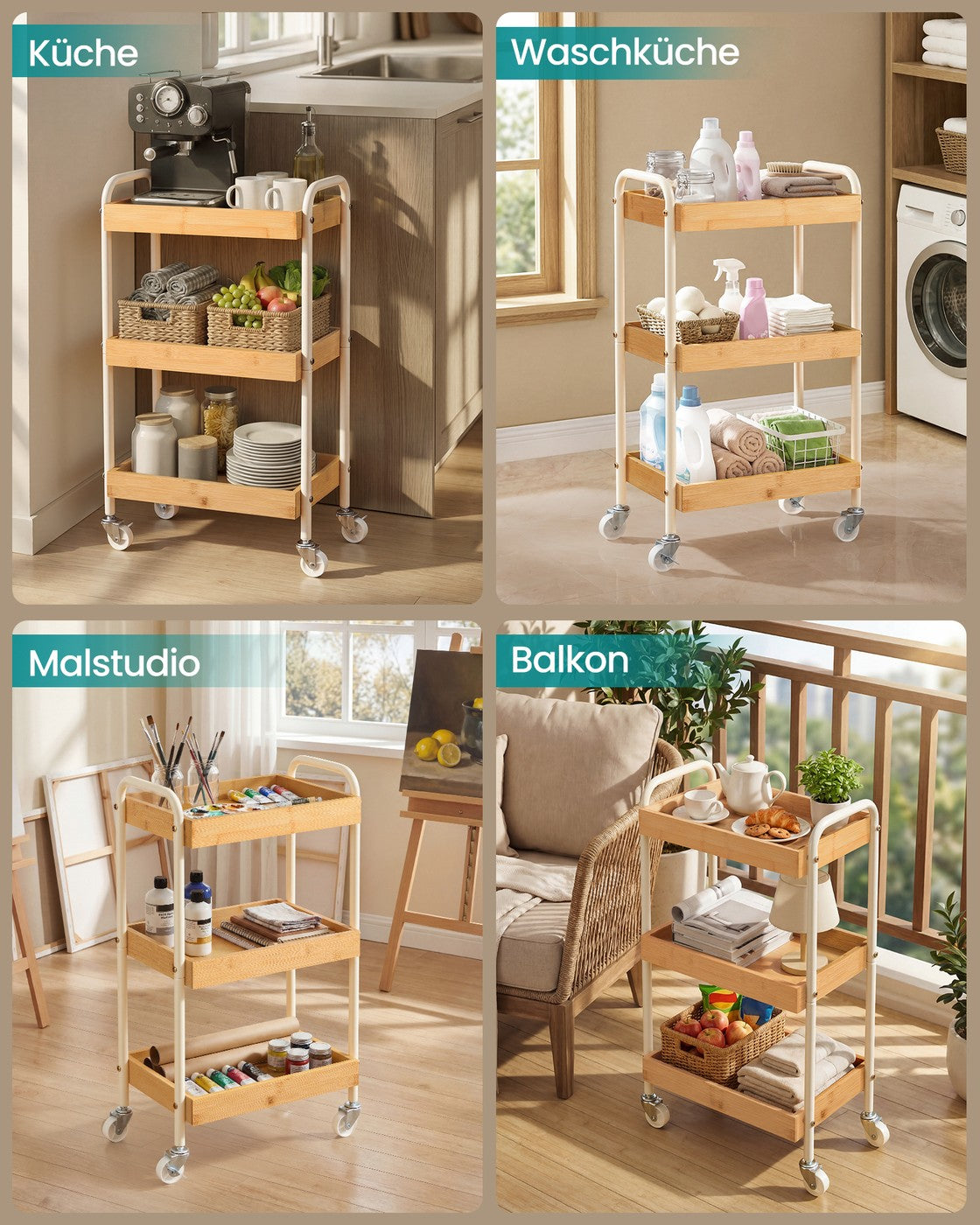 Rolwagen - 27,5 x 41,3 x 73 cm - Stalen frame - Natuurlijk beige - Maximale belasting per plank: 10 kg