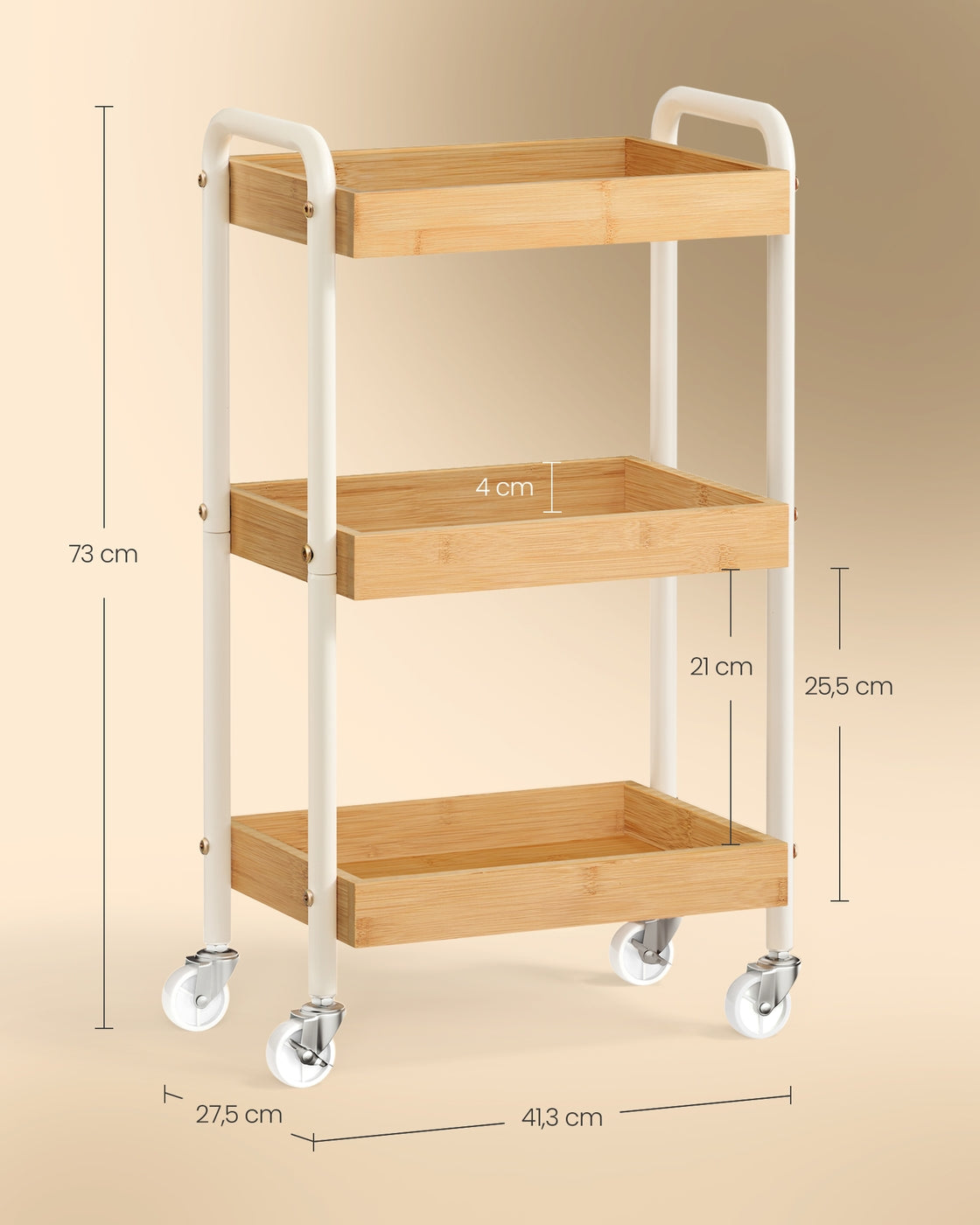 Rolwagen - 27,5 x 41,3 x 73 cm - Stalen frame - Natuurlijk beige - Maximale belasting per plank: 10 kg