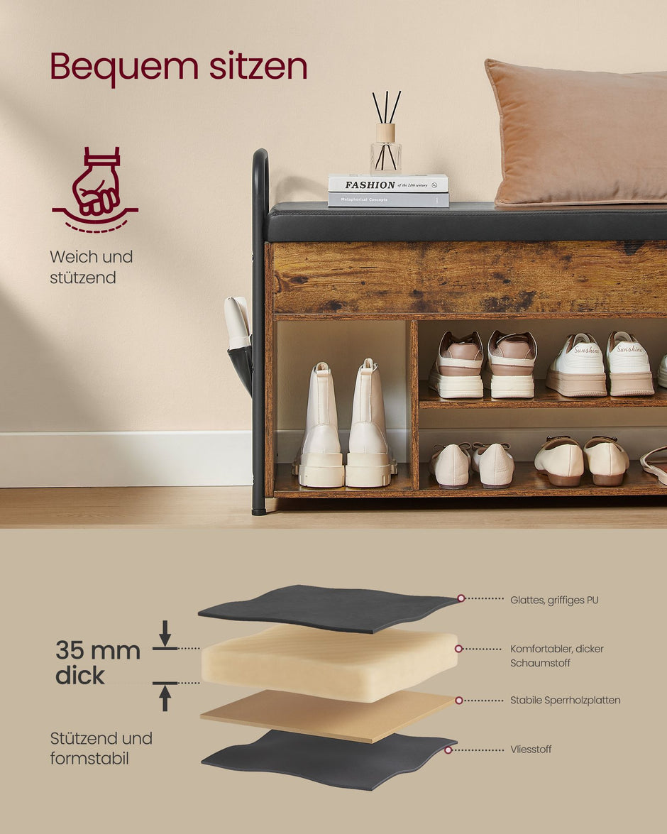 Schoenenbank – Ruim opbergvak – 5 cm dikke gewatteerde zitting – Veiligheidsscharnieren