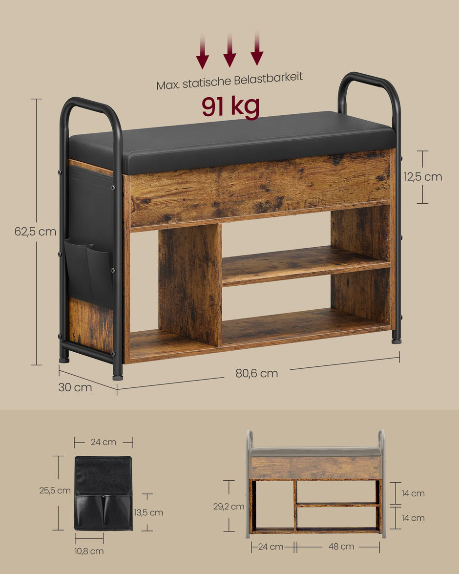 Schoenenbank – Ruim opbergvak – 5 cm dikke gewatteerde zitting – Veiligheidsscharnieren