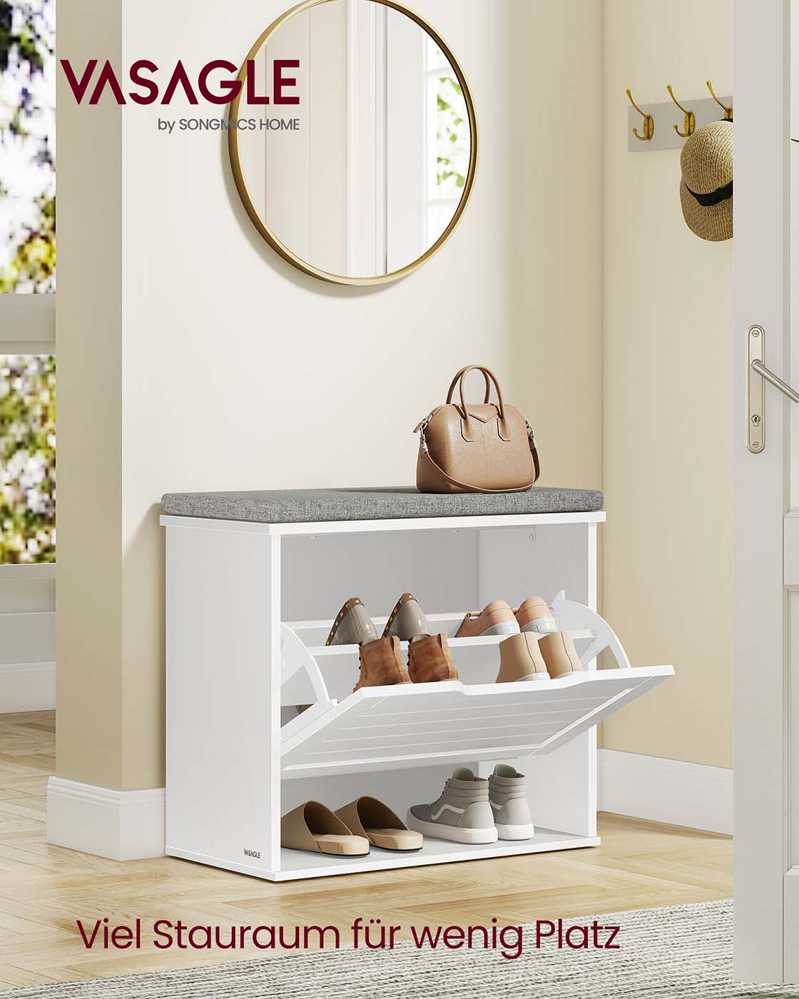 Schoenenbank – Zitkussen, Opklapbaar Vak en Verstelbare Tussenwand – Hout – Hal