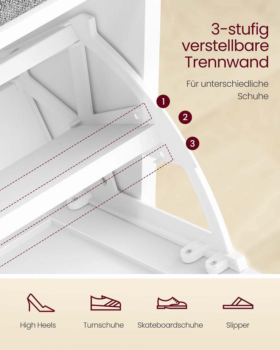 Schoenenbank – Wolkenwit en Duifgrijs – Met opklapbaar vak – 30 x 60 x 53,5 cm