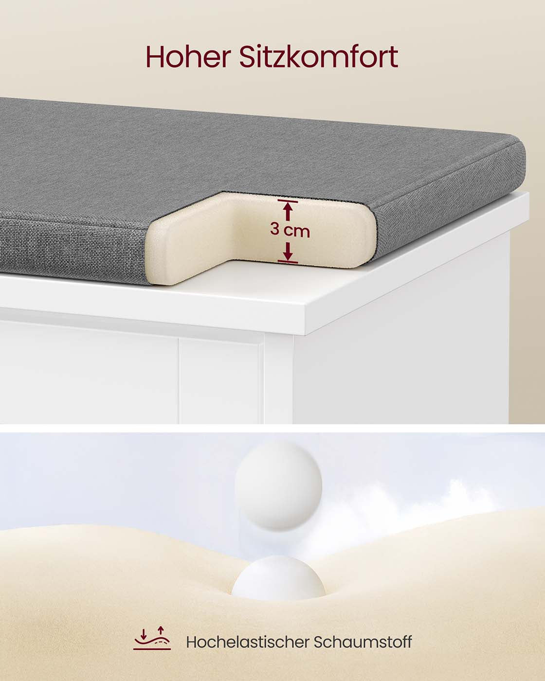 Schoenenbank – Wolkenwit en Duifgrijs – Met opklapbaar vak – 30 x 60 x 53,5 cm