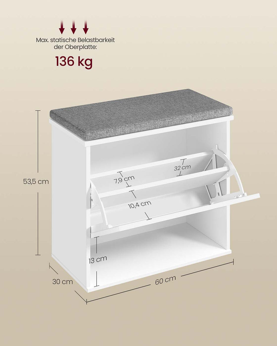 Schoenenbank – Wolkenwit en Duifgrijs – Met opklapbaar vak – 30 x 60 x 53,5 cm