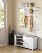 Schoenenbank met wandkapstok en spiegel – 10 haken – wolkwit