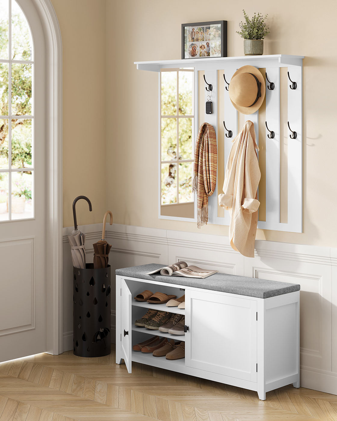 Schoenenbank met wandkapstok en spiegel – 10 dubbele haken – tot 136 kg draagvermogen