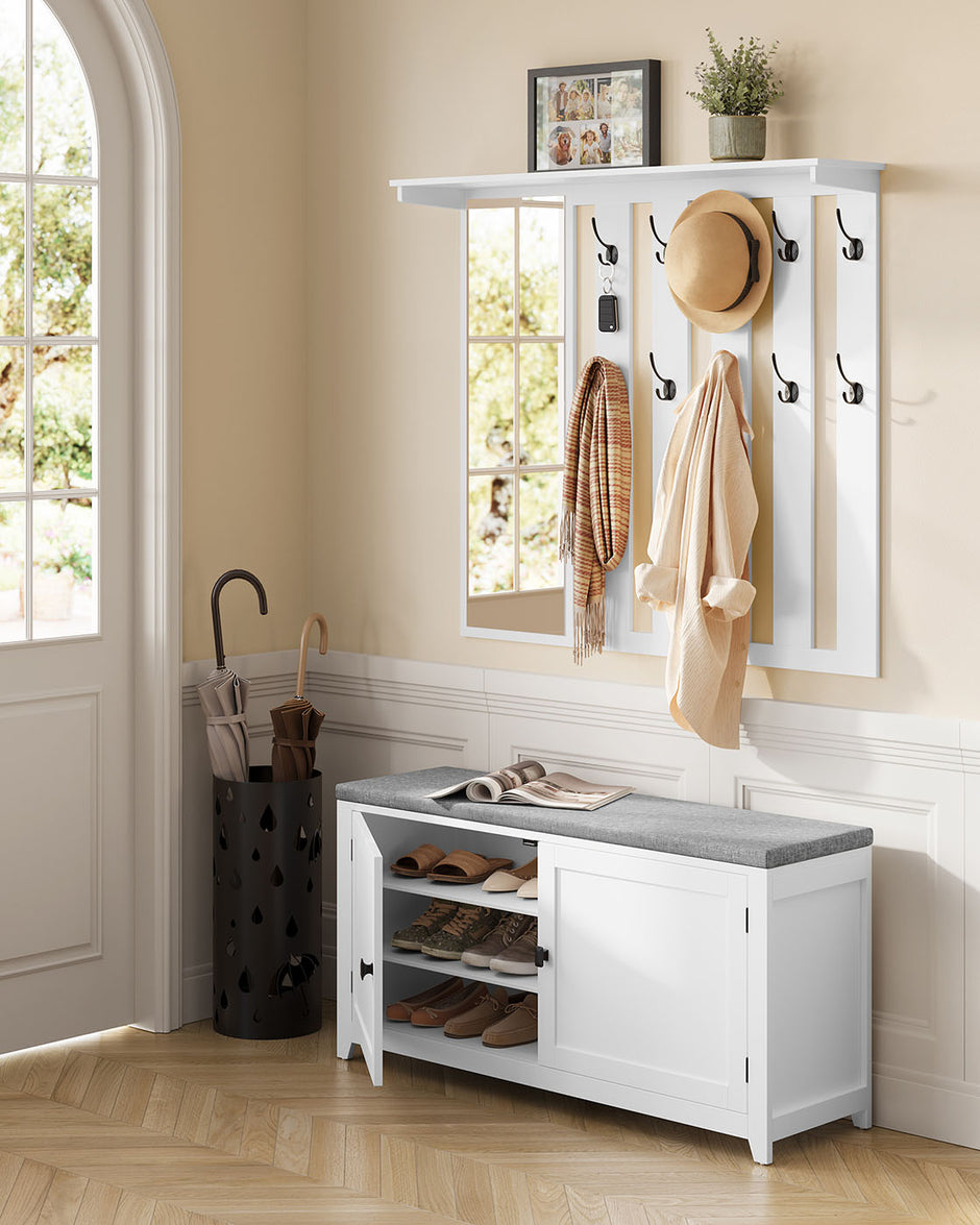 Schoenenbank met wandkapstok en spiegel – 10 dubbele haken – tot 136 kg draagvermogen