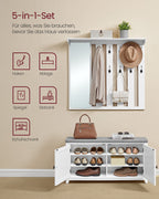 Schoenenbank met wandkapstok en spiegel – 10 haken – wolkwit