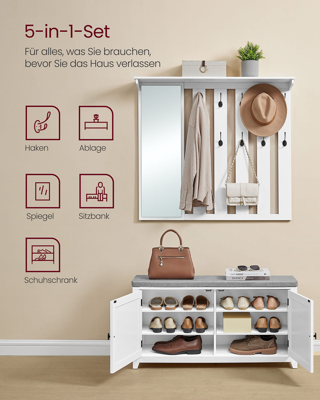Schoenenbank met wandkapstok en spiegel – 10 haken – wolkwit