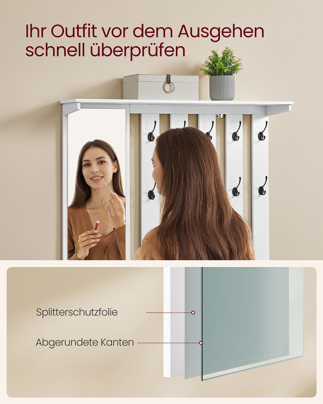 Schoenenbank met wandkapstok en spiegel – 10 haken – wolkwit