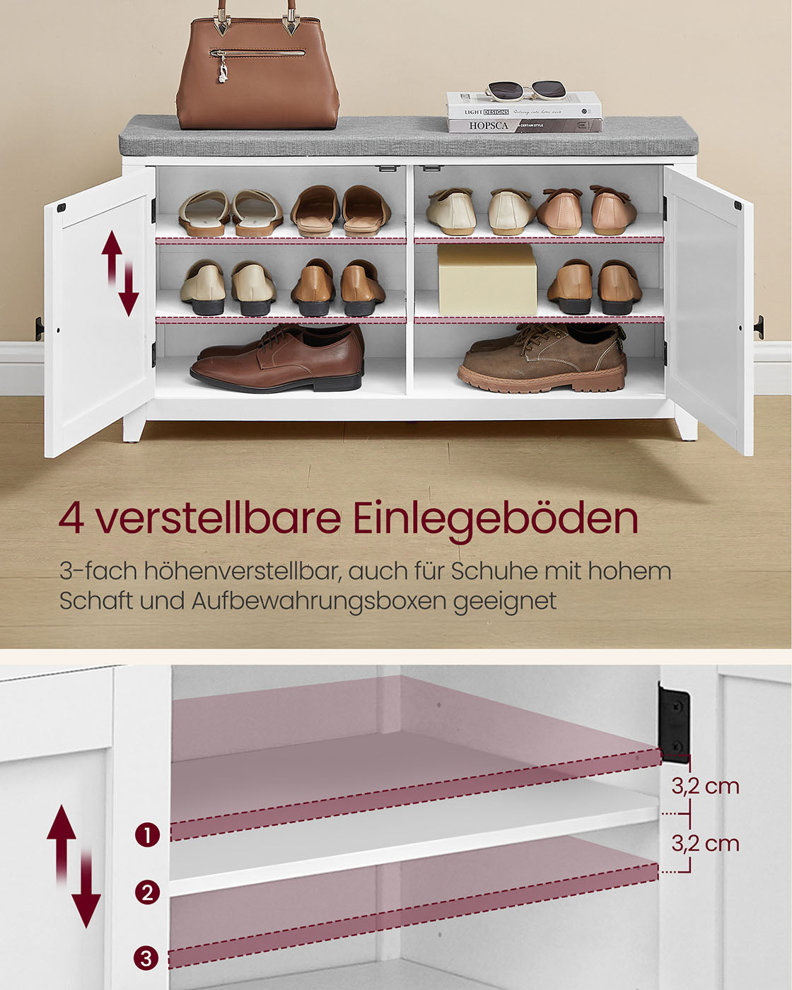 Schoenenbank met wandkapstok en spiegel – 10 haken – wolkwit