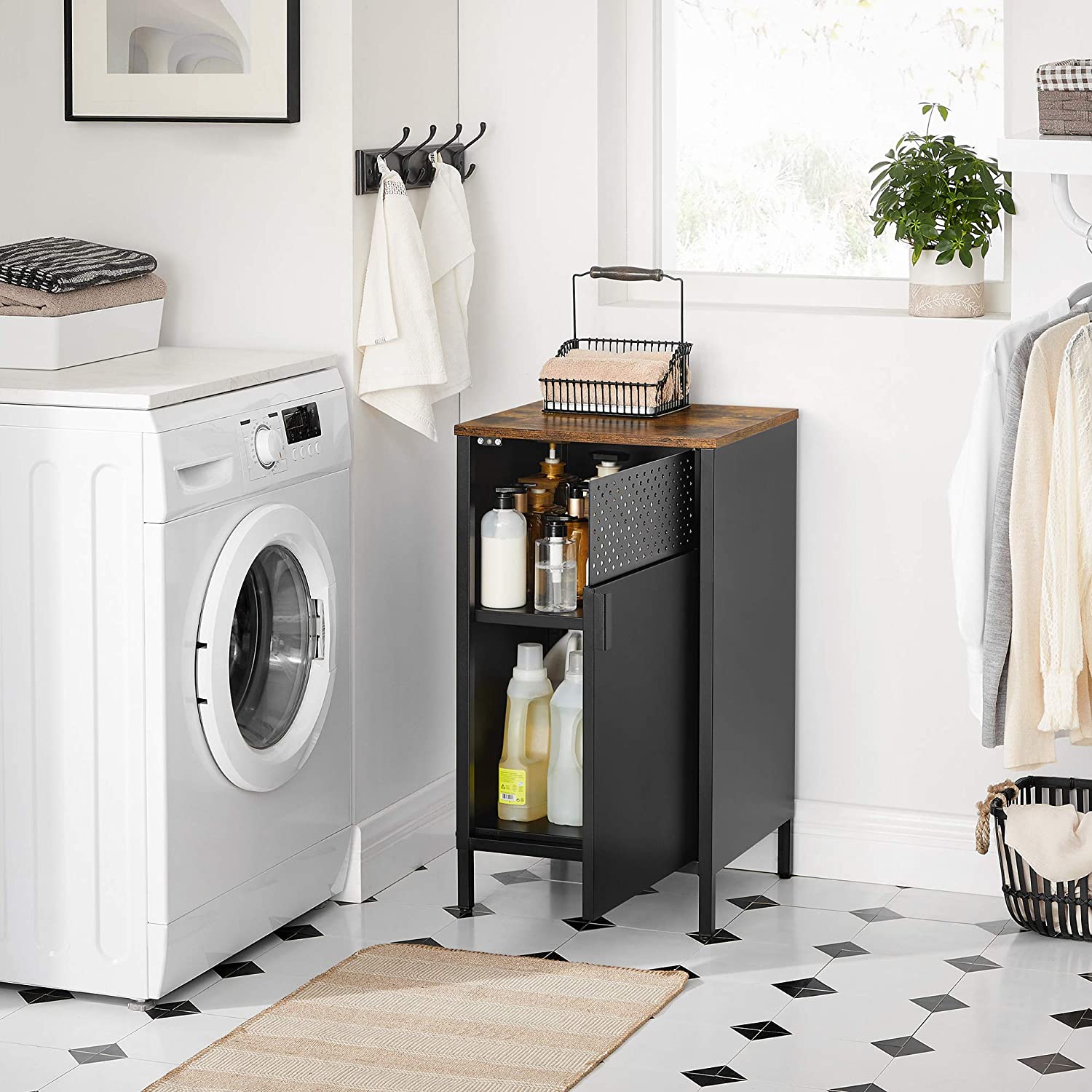 Nachtkastje – Verstelbare plank – Stalen frame – Zwart / Bruin – Inclusief verstelbare voetjes