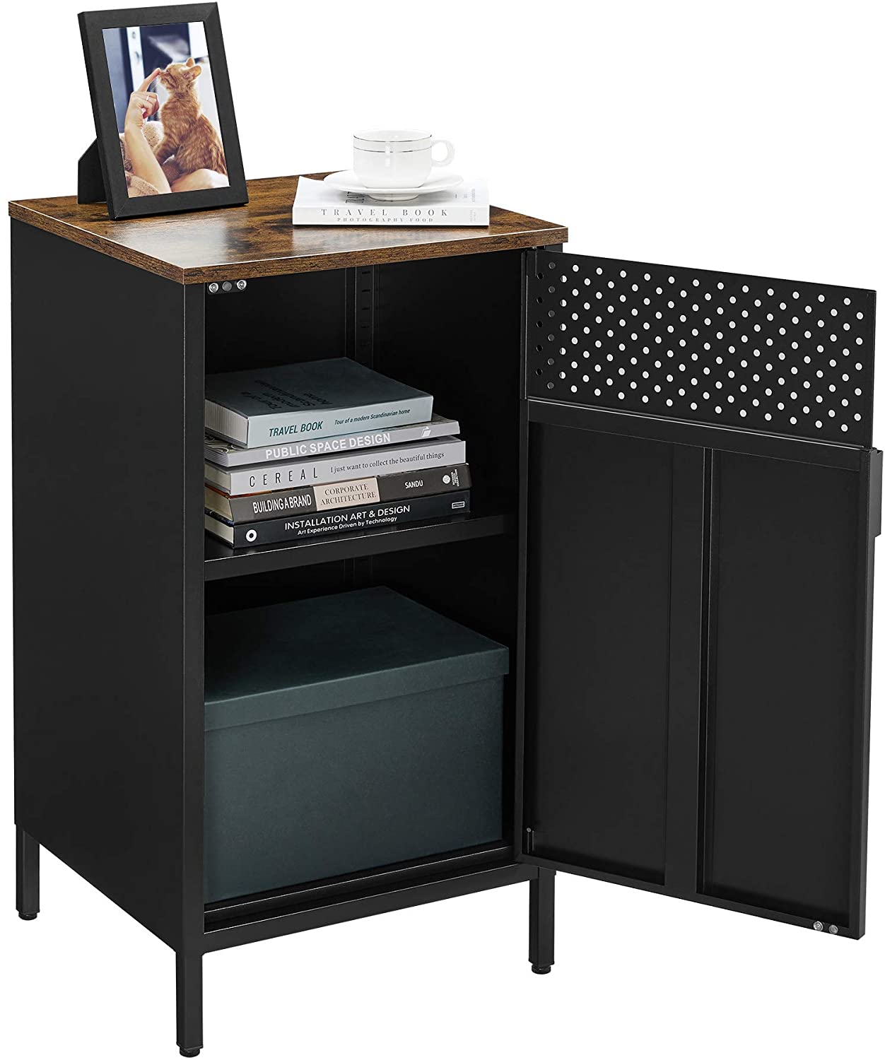 Opslagkast – Verstelbare plank – Stalen frame – Zwart / Bruin