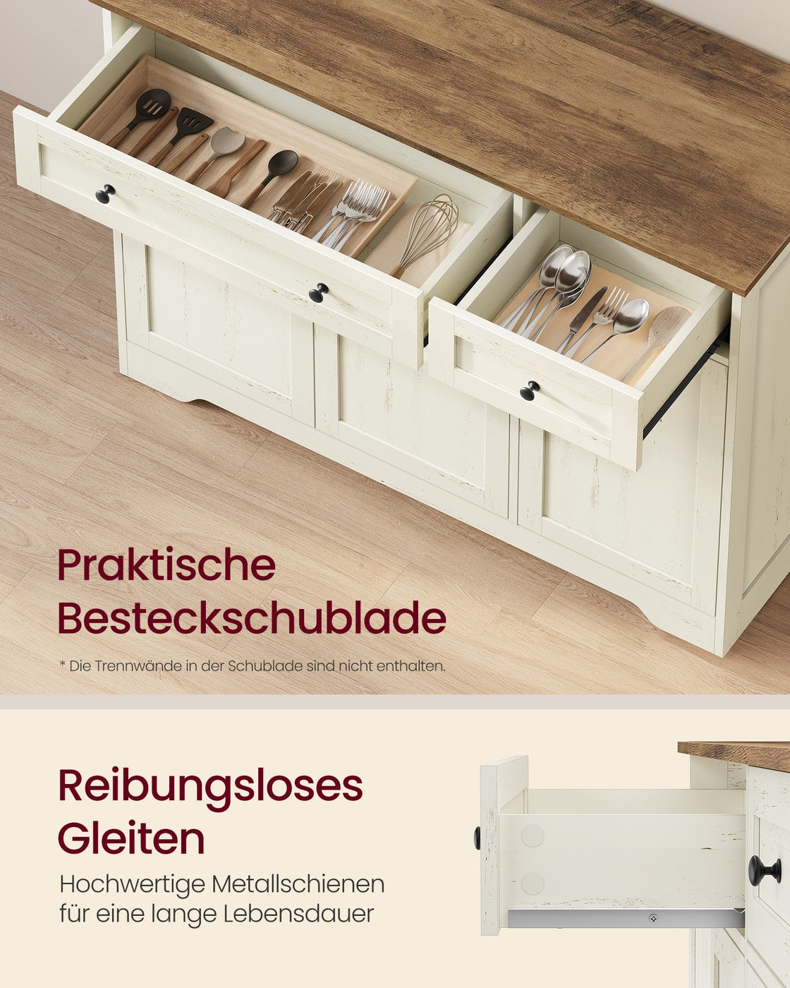 Keukenkast - 107 cm Breed - 2 Lades - 3 Deuren - Vintage Wit
