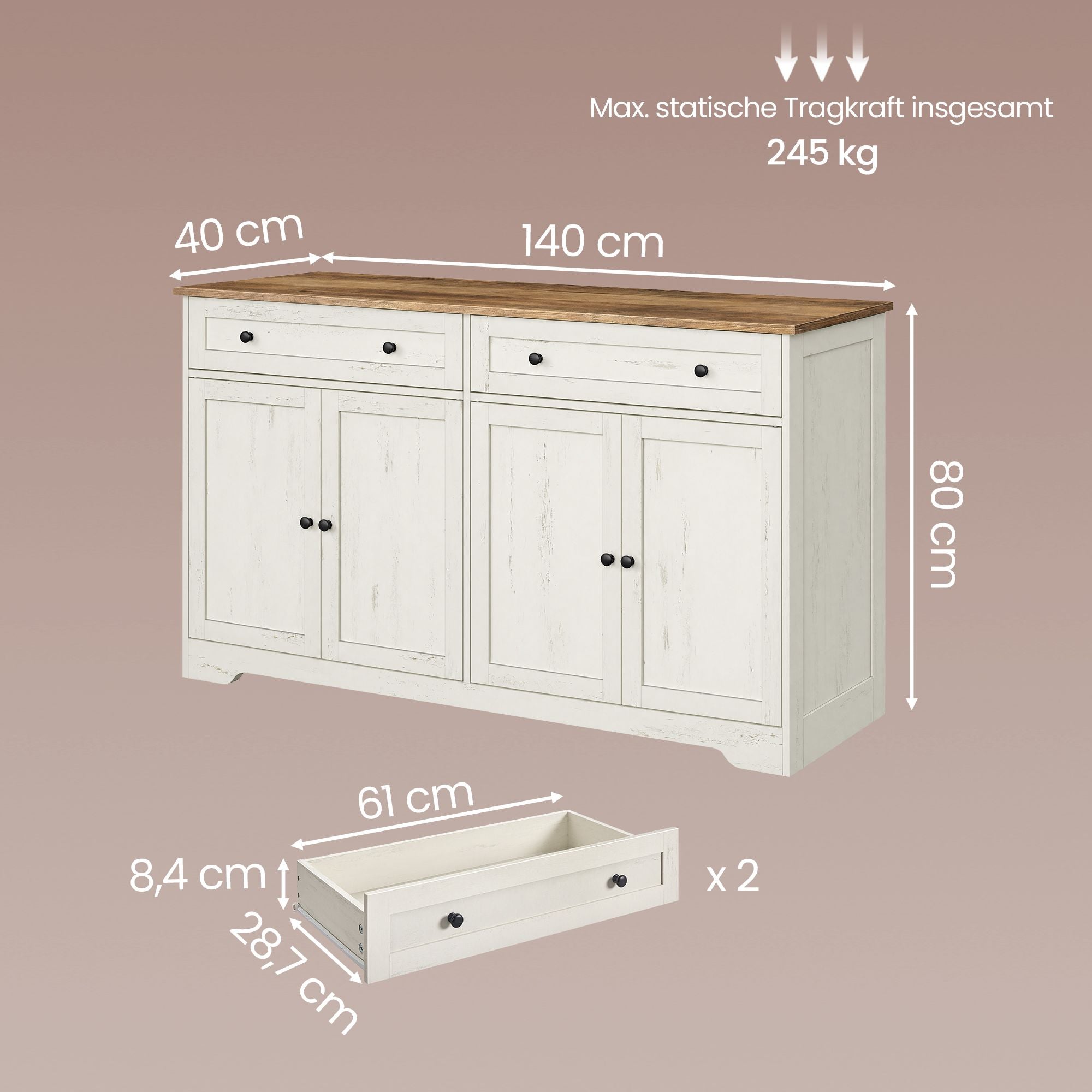 Keukenkast - 140 cm Breed - 2 Lades - 4 Deuren - Wit