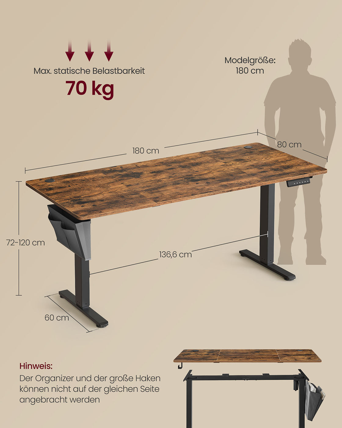 Elektrisch Bureau (Zit-Sta) – 80 x 180 cm – In hoogte verstelbaar (72-120 cm) – 4 geheugenstanden – LED Display - Organizer met haken