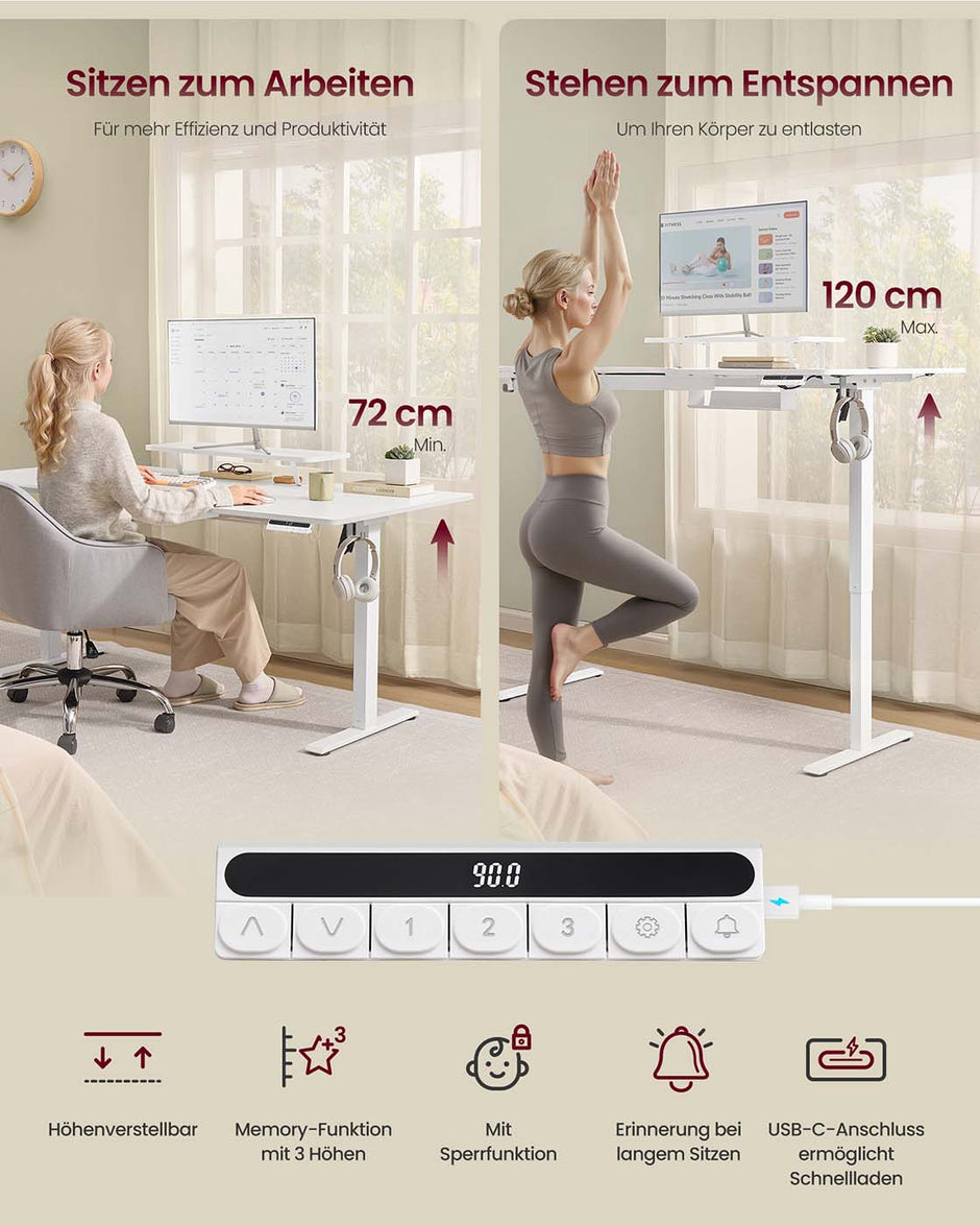 Elektrisch Bureau (Zit-Sta) - 140 x 70 cm - In hoogte Verstelbaar (72-120cm) - Memoriefunctie - USB C aansluiting