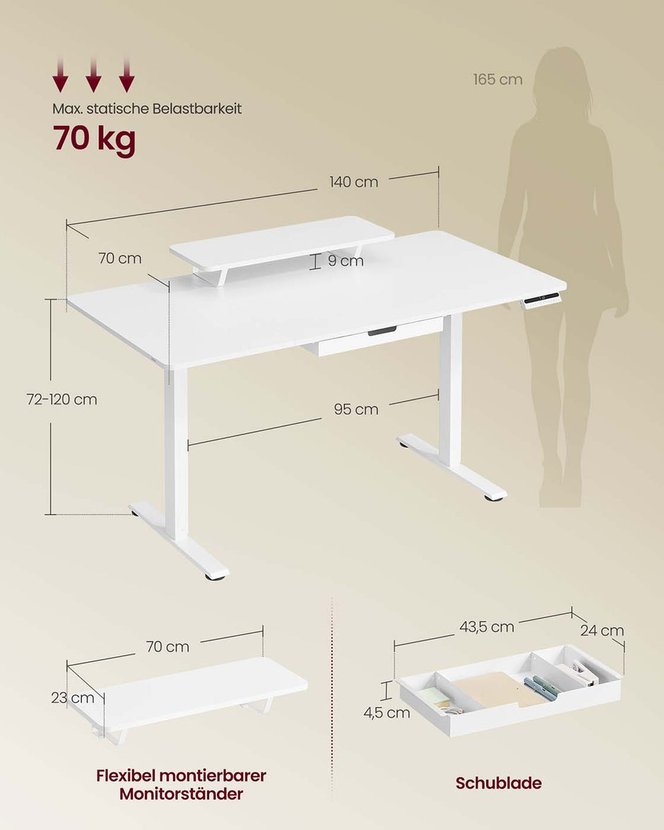 Elektrisch Bureau (Zit-Sta) - 140 x 70 cm - In hoogte Verstelbaar (72-120cm) - Memoriefunctie - USB C aansluiting