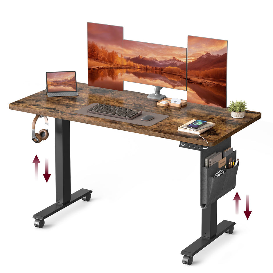 Elektrisch Zit-Sta Bureau - 140 x 60 cm - 4 Geheugenstanden - Vintage Bruin
