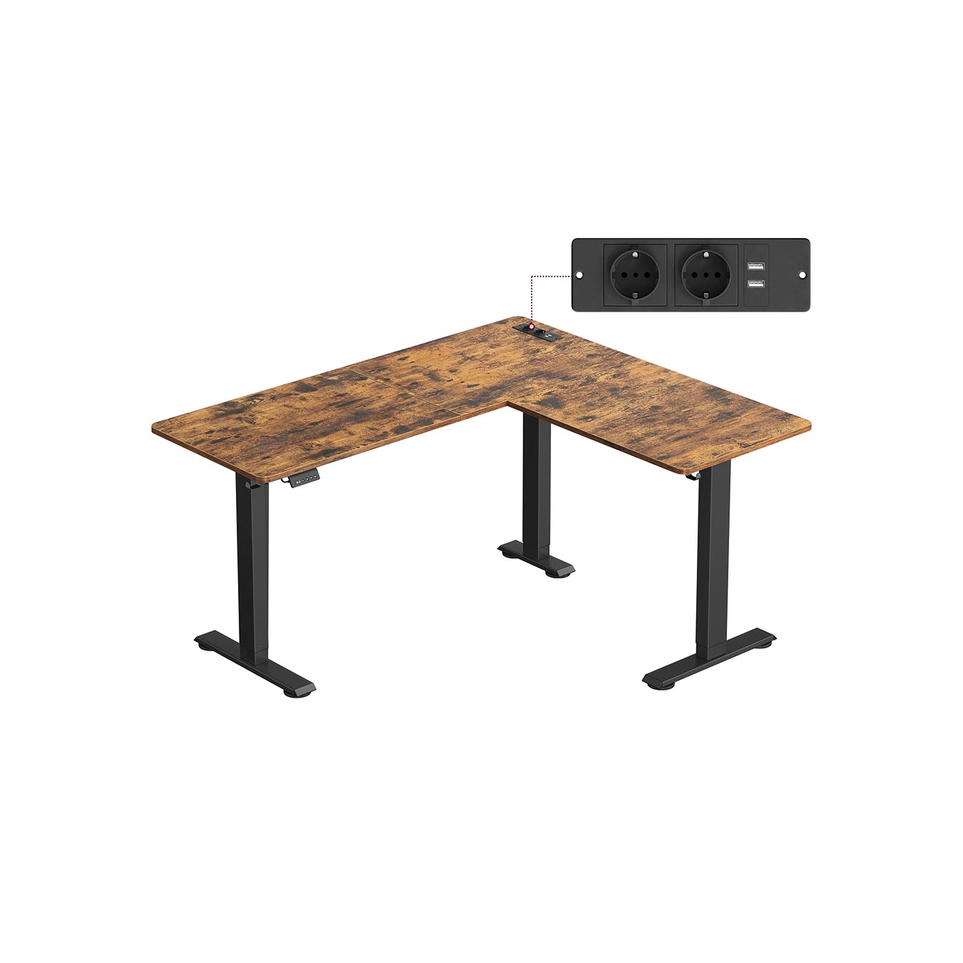 Hoekbureau - 140 x 160 - In hoogte verstelbaar (72 - 120 cm) - 2 geheugenstanden - met LED Display - 2x Stopcontact - 2x USB A