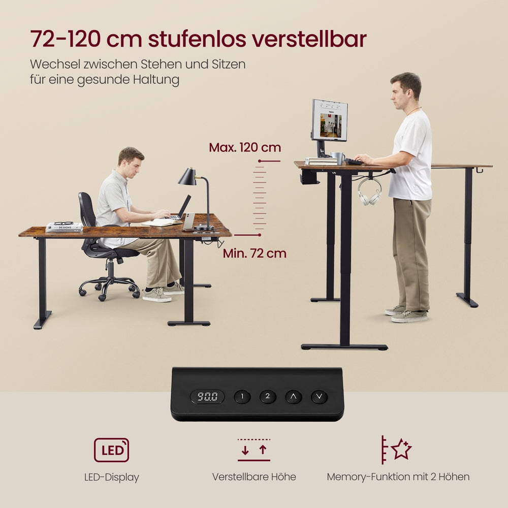 Bureau - 190 x 155 x (72-120) cm - L-vormig - in hoogte verstelbaar - vintage bruin - 80 kg maximaal gewicht