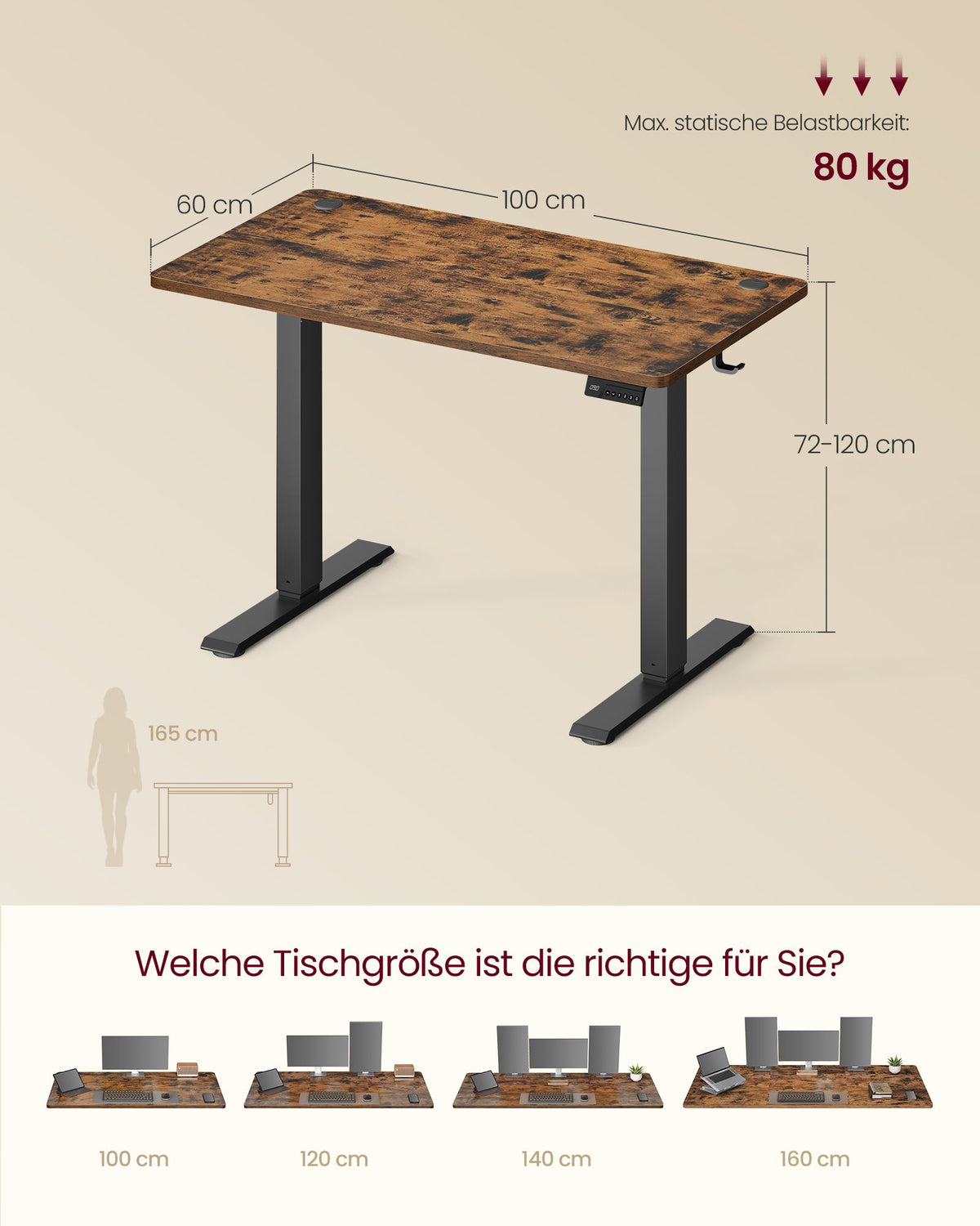 Elektrisch Zit-Sta Bureau – 100 x 60 cm – 4 Geheugenstanden – Zitherinnering – Vintage Bruin en Zwart