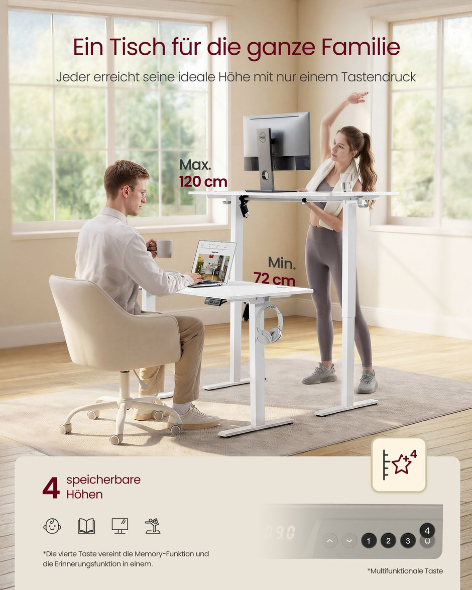Elektrisch Zit-Sta Bureau – 100 x 60 cm – 4 Geheugenstanden – Zitherinnering – Wit