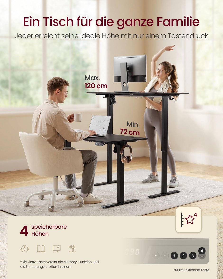Elektrisch Zit-Sta Bureau – 140 x 60 cm – 4 Geheugenstanden – Zitherinnering – Zwart