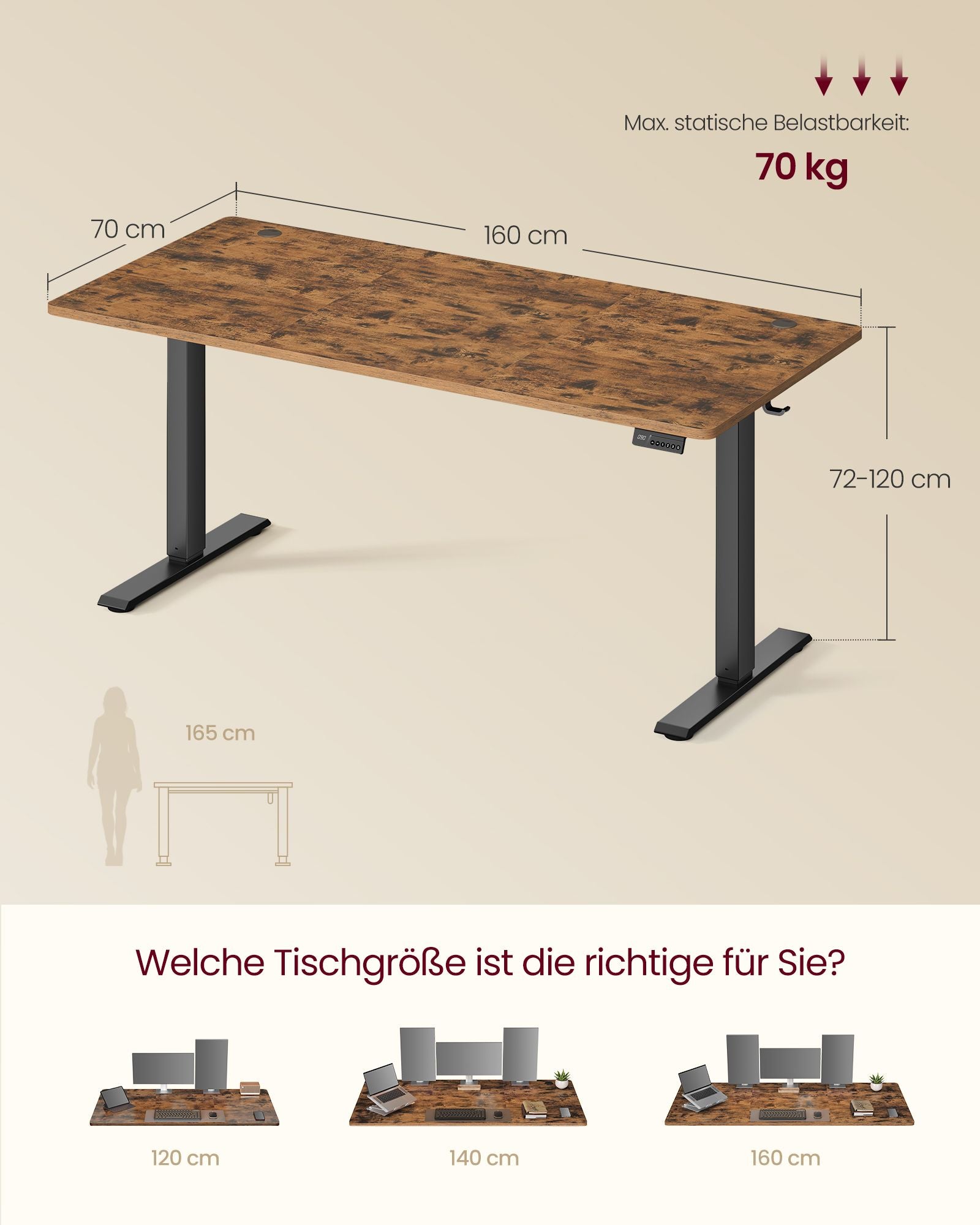 Bureau - In Hoogte Verstelbaar met Geheugenfunctie - Zit-Sta - Vintagebruin - 160 x 70 x (72-120) cm
