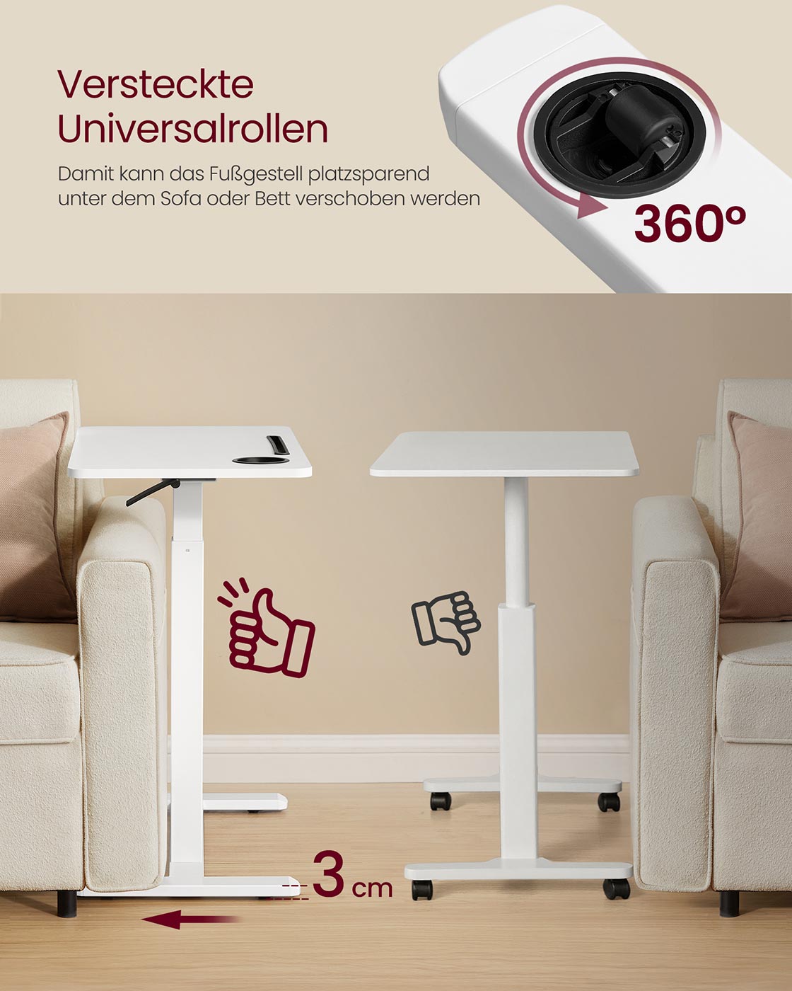 Bijzettafel – Cloud White - Met verstelbare hoogte (65-102 cm) – Met wielen