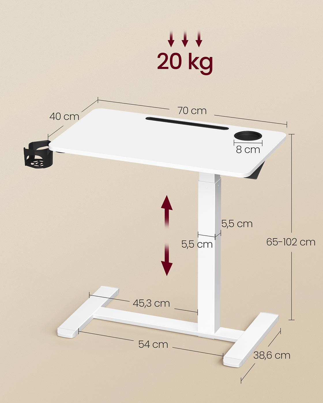 Bijzettafel – mobiel met wielen en bekerhouders – Cloud White