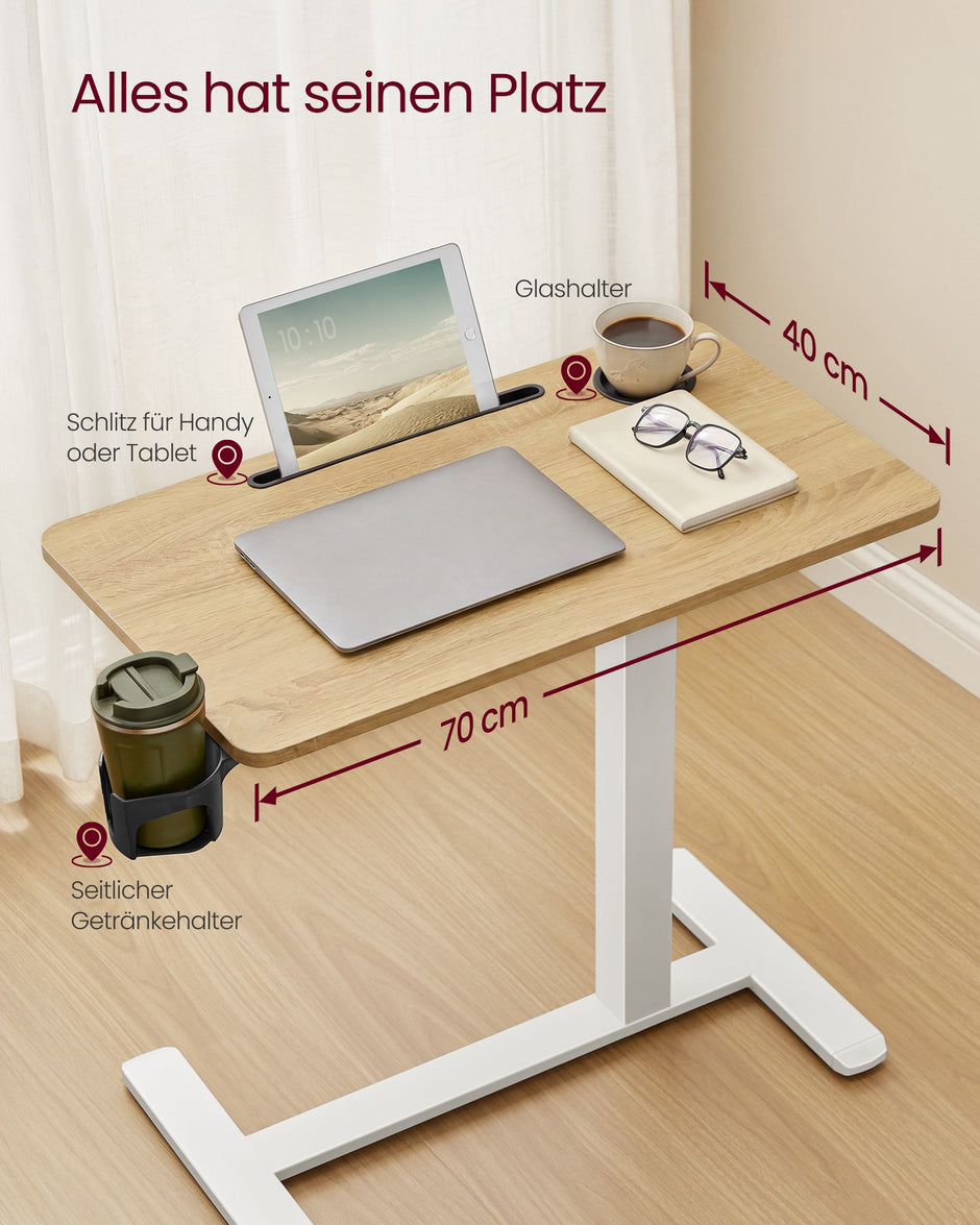 Bijzettafel - Mobiel met Wielen en Bekerhouders - Eikenkleurig-matwit - 70 x 40 x (65-102) cm