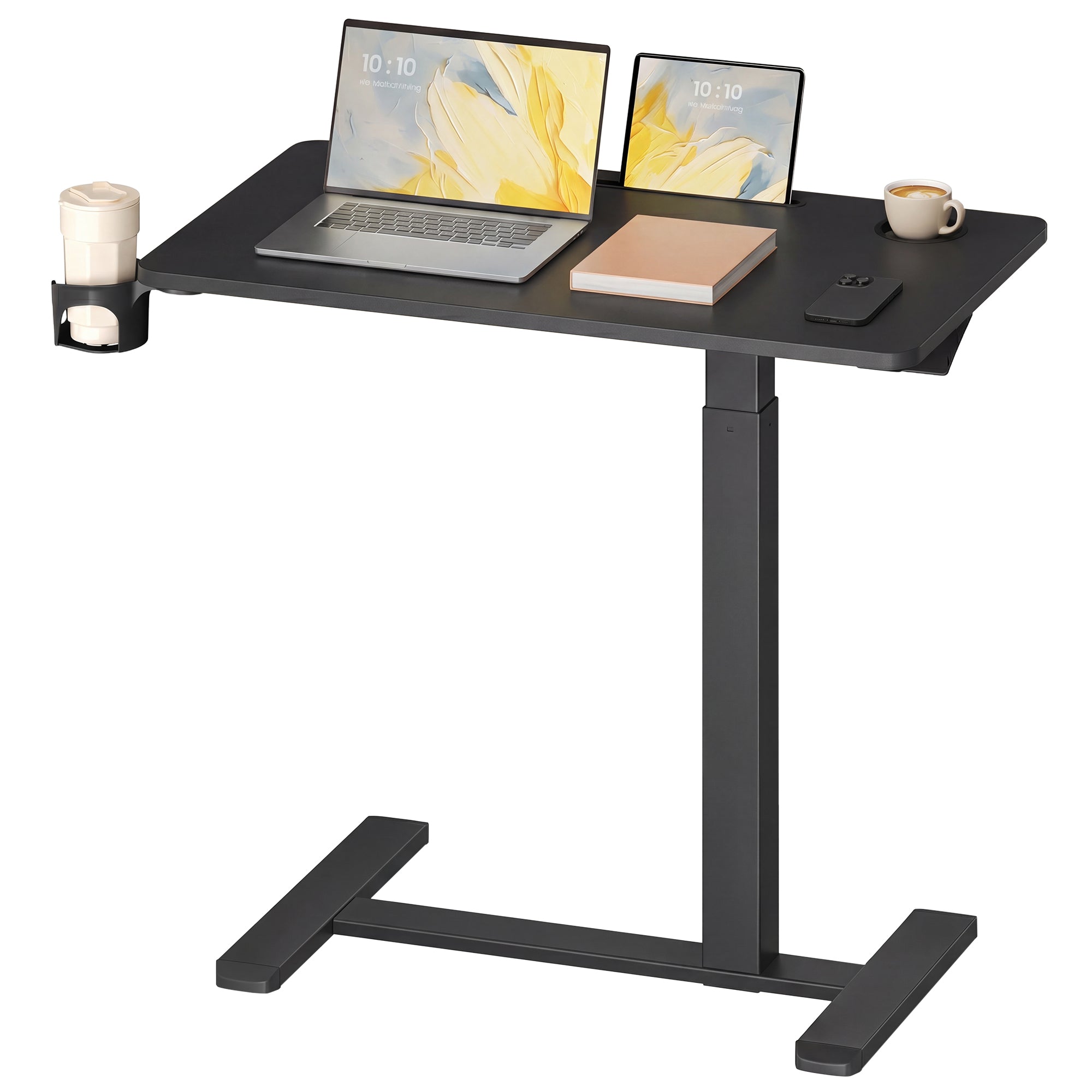Bijzettafel - Mobiel met Wielen en Bekerhouders - Zwart - 80 x 45 x (65-102) cm