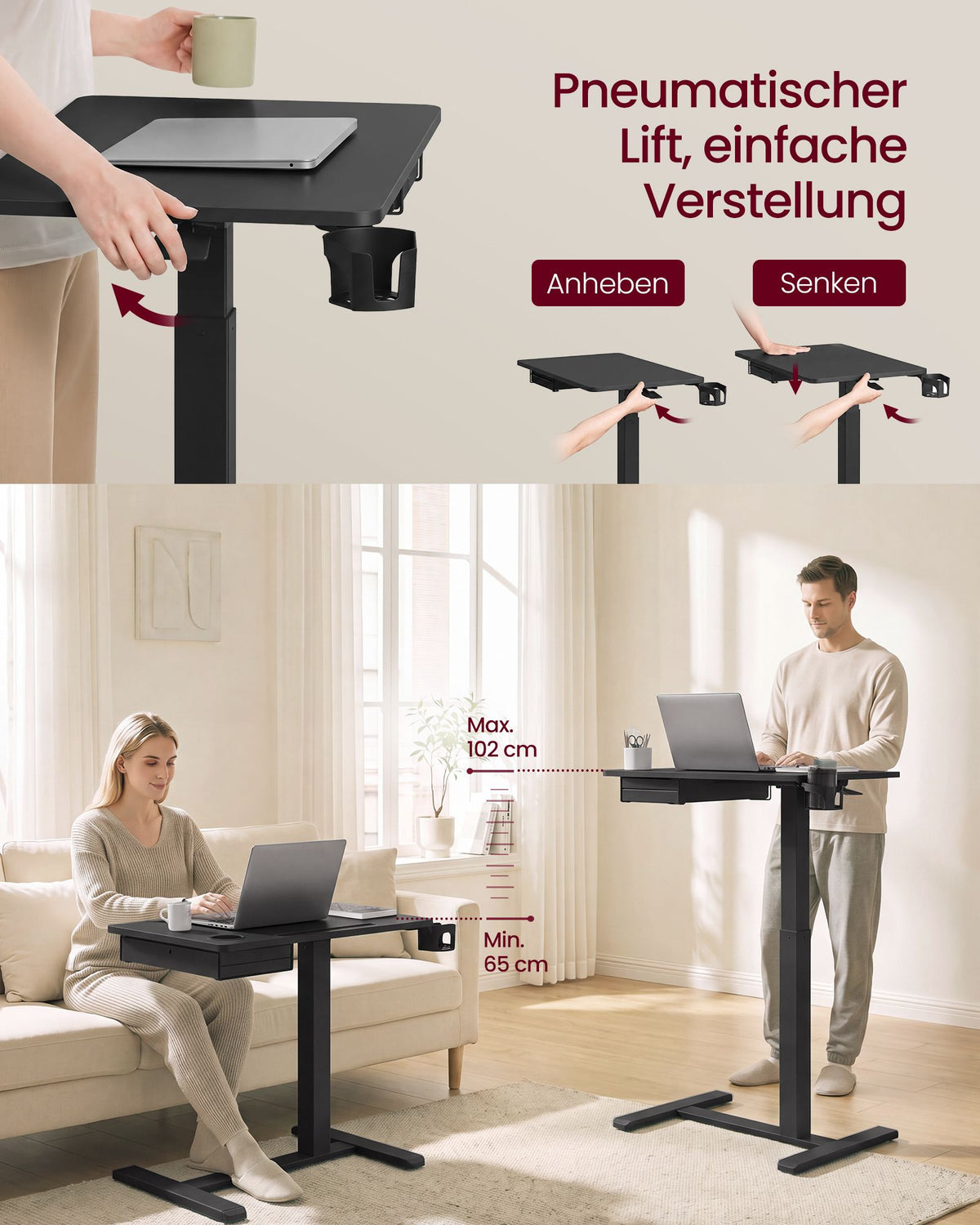 Verrijdbare Laptoptafel – In Hoogte Verstelbaar 65-102 cm – Lade en Bekerhouder – Zwart