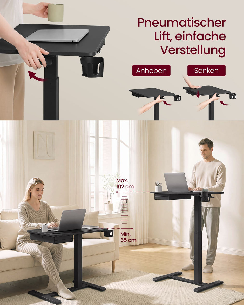 Verrijdbare Laptoptafel – In Hoogte Verstelbaar 65-102 cm – Lade en Bekerhouder – Zwart