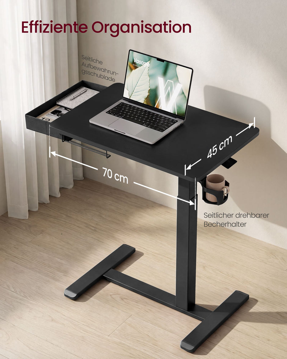 Verrijdbare Laptoptafel – In Hoogte Verstelbaar 65-102 cm – Lade en Bekerhouder – Zwart